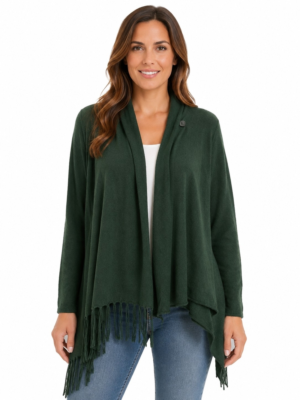 Karlie Deep Green Open-Front Fringe Hem Cardigan